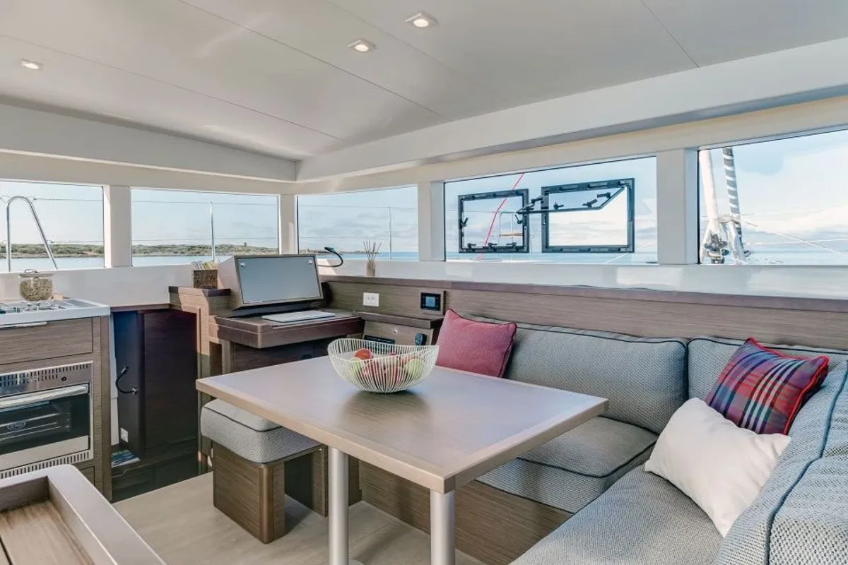 Salon of Aelia, a Lagoon 40 catamaran at Piraeus, Greece