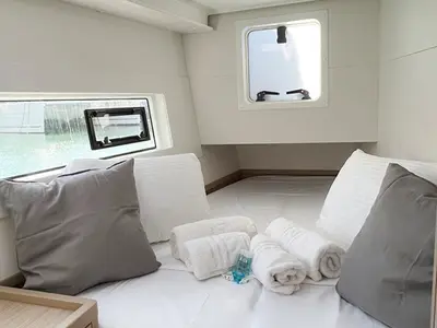 Cabin on Aelia, a Lagoon 40 catamaran at Piraeus, Greece