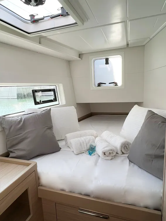 Cabin on Aelia, a Lagoon 40 catamaran at Piraeus, Greece