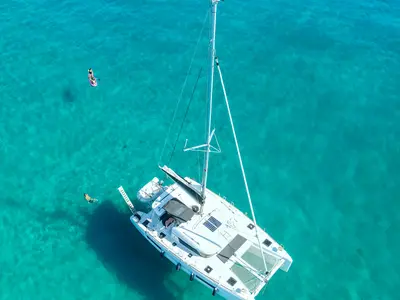 Exterior view of Aelia, a Lagoon 40 catamaran at Piraeus, Greece