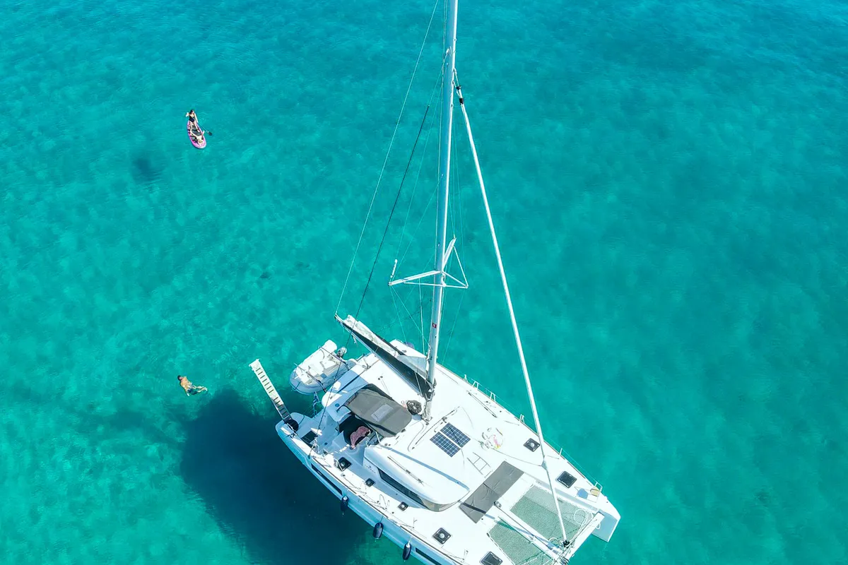 Exterior view of Aelia, a Lagoon 40 catamaran at Piraeus, Greece