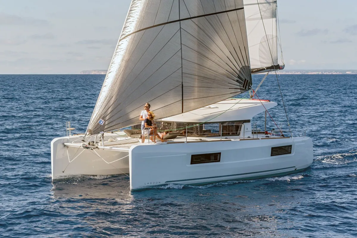 Exterior view of Aelia, a Lagoon 40 catamaran at Piraeus, Greece