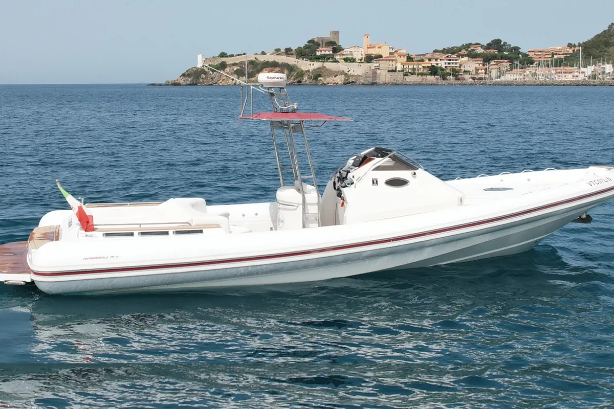Exterior view of VTC07, a Magazzu MX-11 Coupé motorboat at Orbetello, Italy