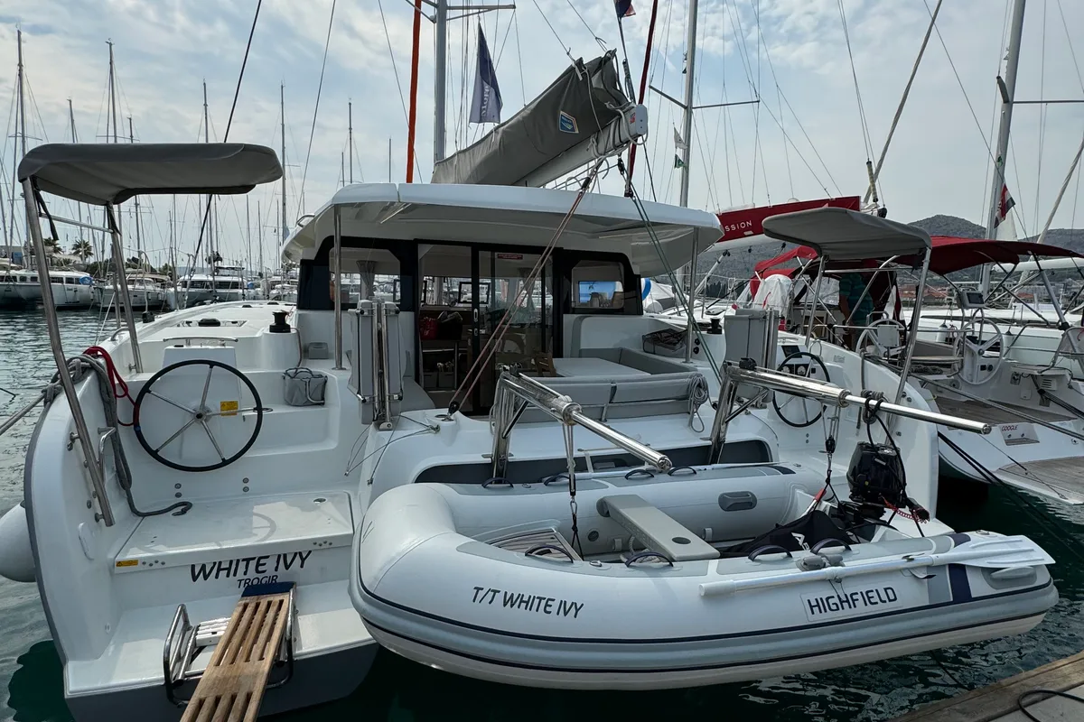 Exterior view of White Ivy, a Excess 11 - 4 + 1 + 1 cab. catamaran at Grad Trogir, Croatia