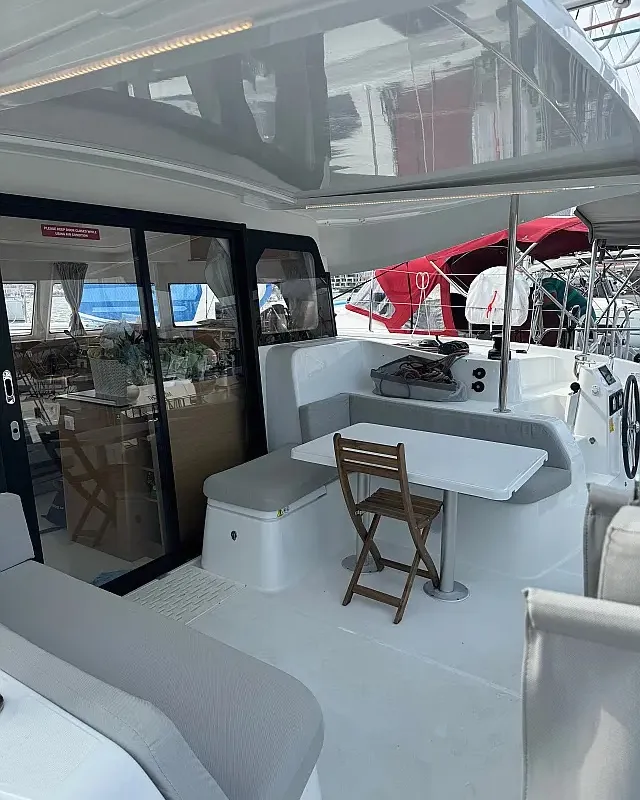 Deck of White Ivy, a Excess 11 - 4 + 1 + 1 cab. catamaran at Grad Trogir, Croatia