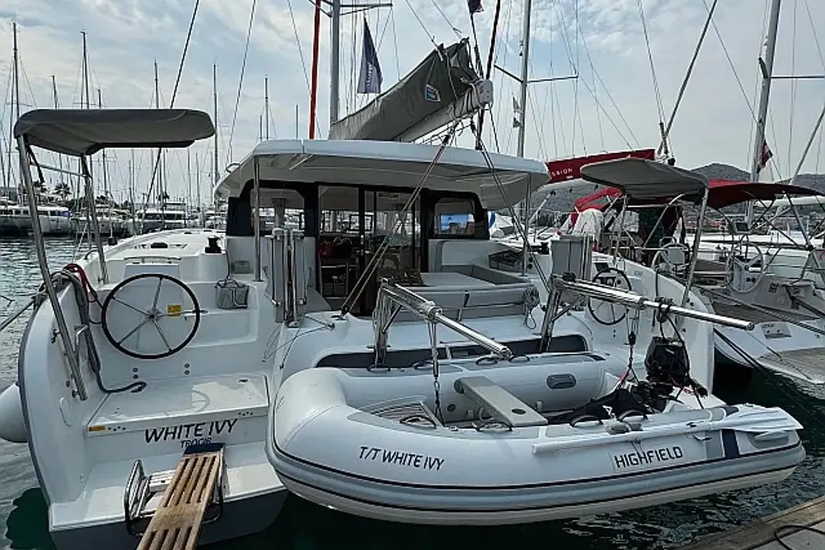 Exterior view of White Ivy, a Excess 11 - 4 + 1 + 1 cab. catamaran at Grad Trogir, Croatia