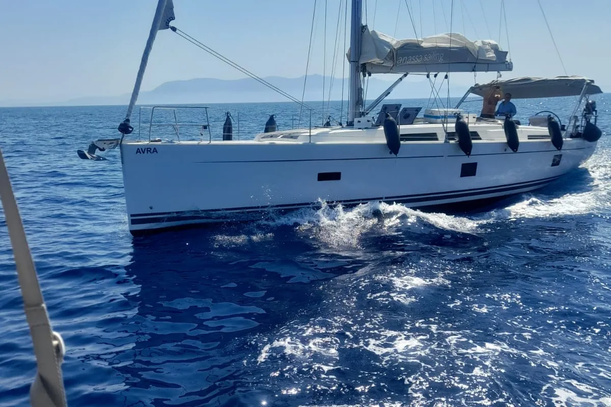 Exterior view of Avra, a Hanse 458 sailboat at Municipal Unit of Lefkada, Greece