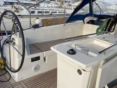 Cockpit of Loreste, a Beneteau Oceanis 40.1 sailboat at Procida, Italy