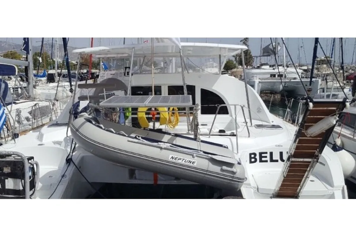 Exterior view of Beluga, a Lagoon 380 S2 catamaran at Rhodes, Greece