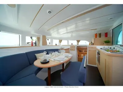 Salon of Beluga, a Lagoon 380 S2 catamaran at Rhodes, Greece