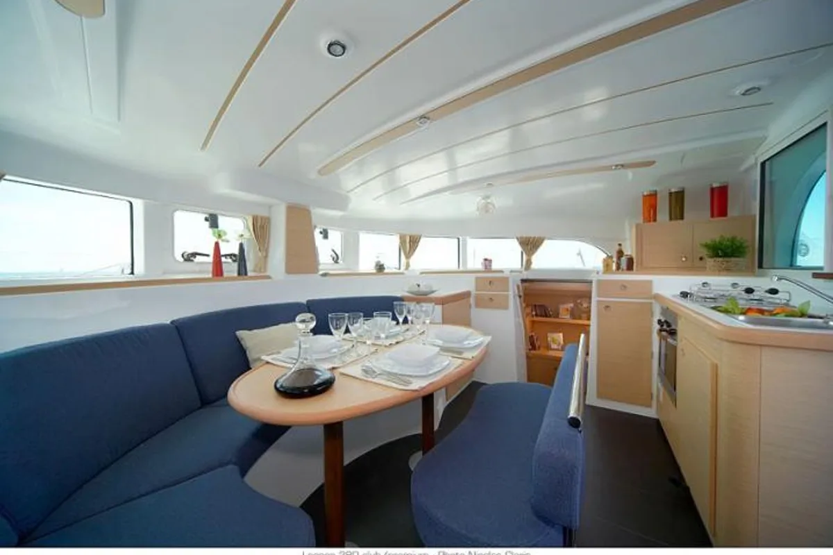 Salon of Beluga, a Lagoon 380 S2 catamaran at Rhodes, Greece