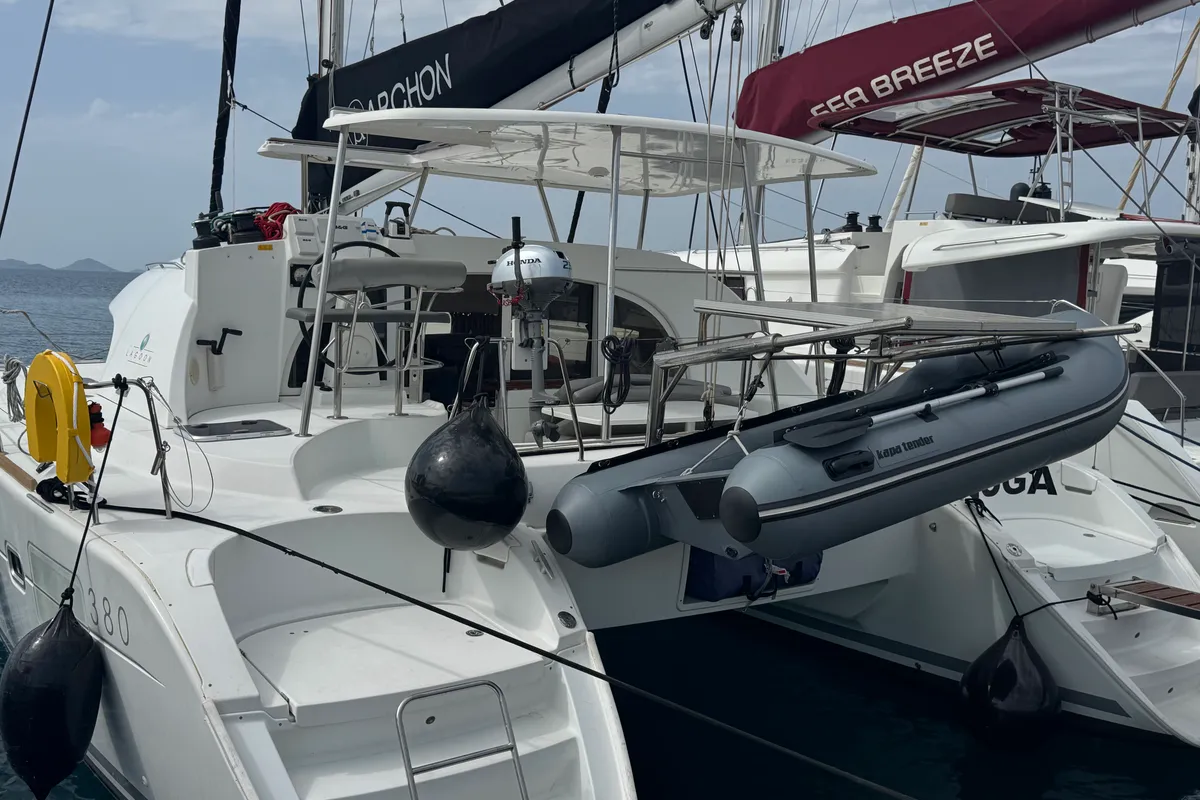 Exterior view of Beluga, a Lagoon 380 S2 catamaran at Rhodes, Greece