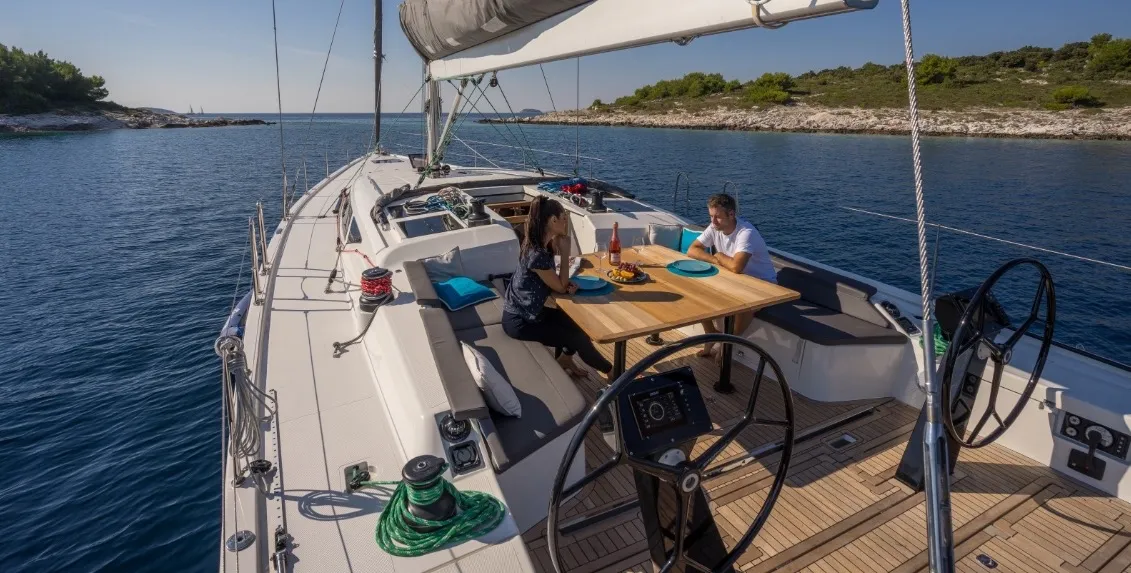 Deck of Nadja, a More 55 sailboat at Seget Donji, Croatia