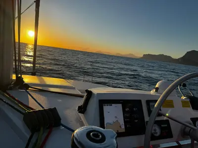 Cockpit of Junior Mary 1, a Bali 4.2 catamaran at Palairos, Greece