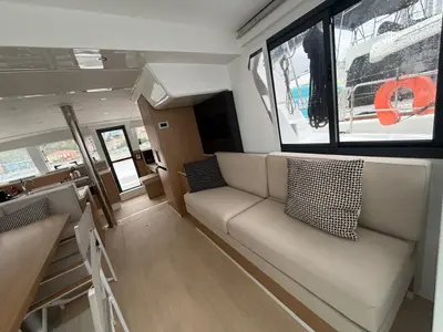 Salon of Junior Mary 1, a Bali 4.2 catamaran at Palairos, Greece