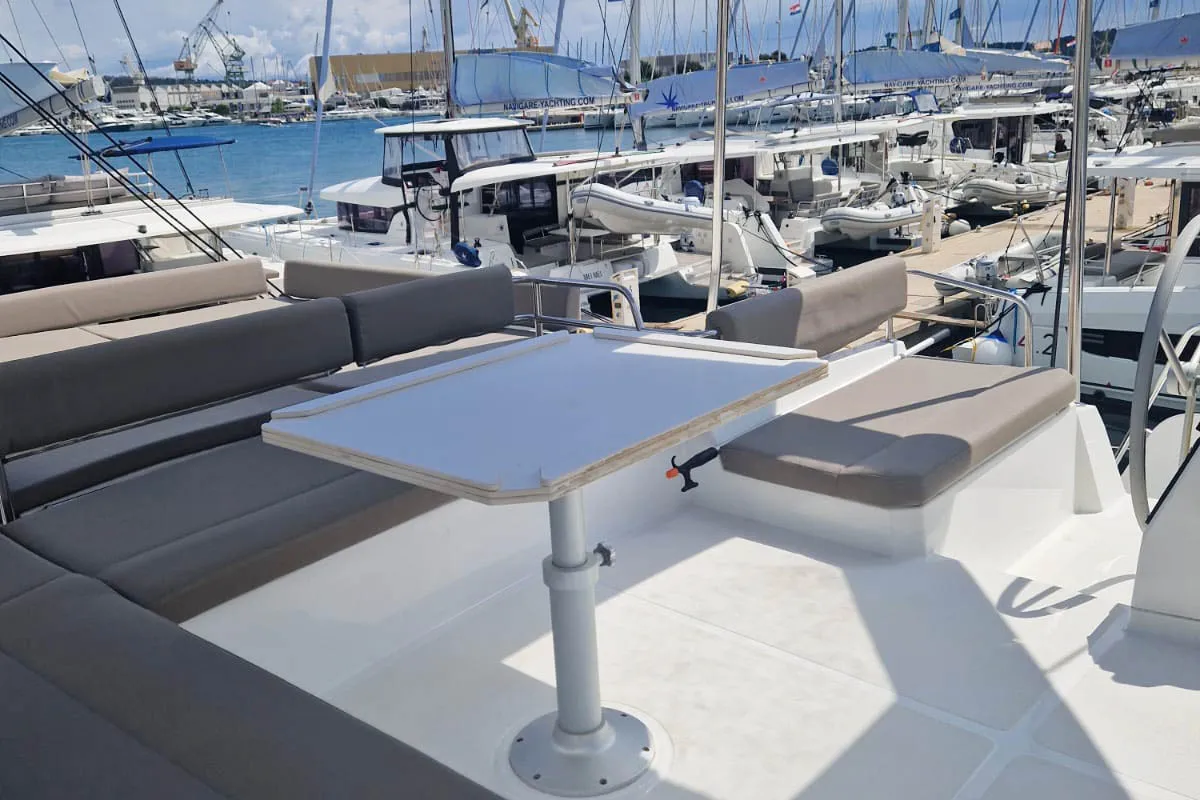Deck of Anjita, a Bali 4.6 catamaran at Seget Donji, Croatia