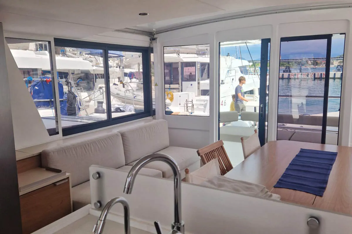 Salon of Anjita, a Bali 4.6 catamaran at Seget Donji, Croatia