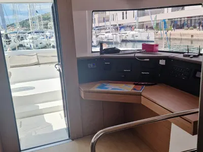 Cockpit of Anjita, a Bali 4.6 catamaran at Seget Donji, Croatia