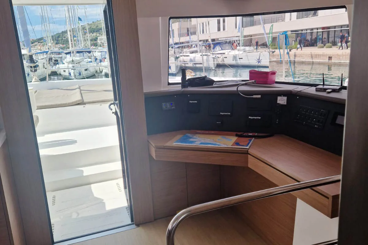 Cockpit of Anjita, a Bali 4.6 catamaran at Seget Donji, Croatia