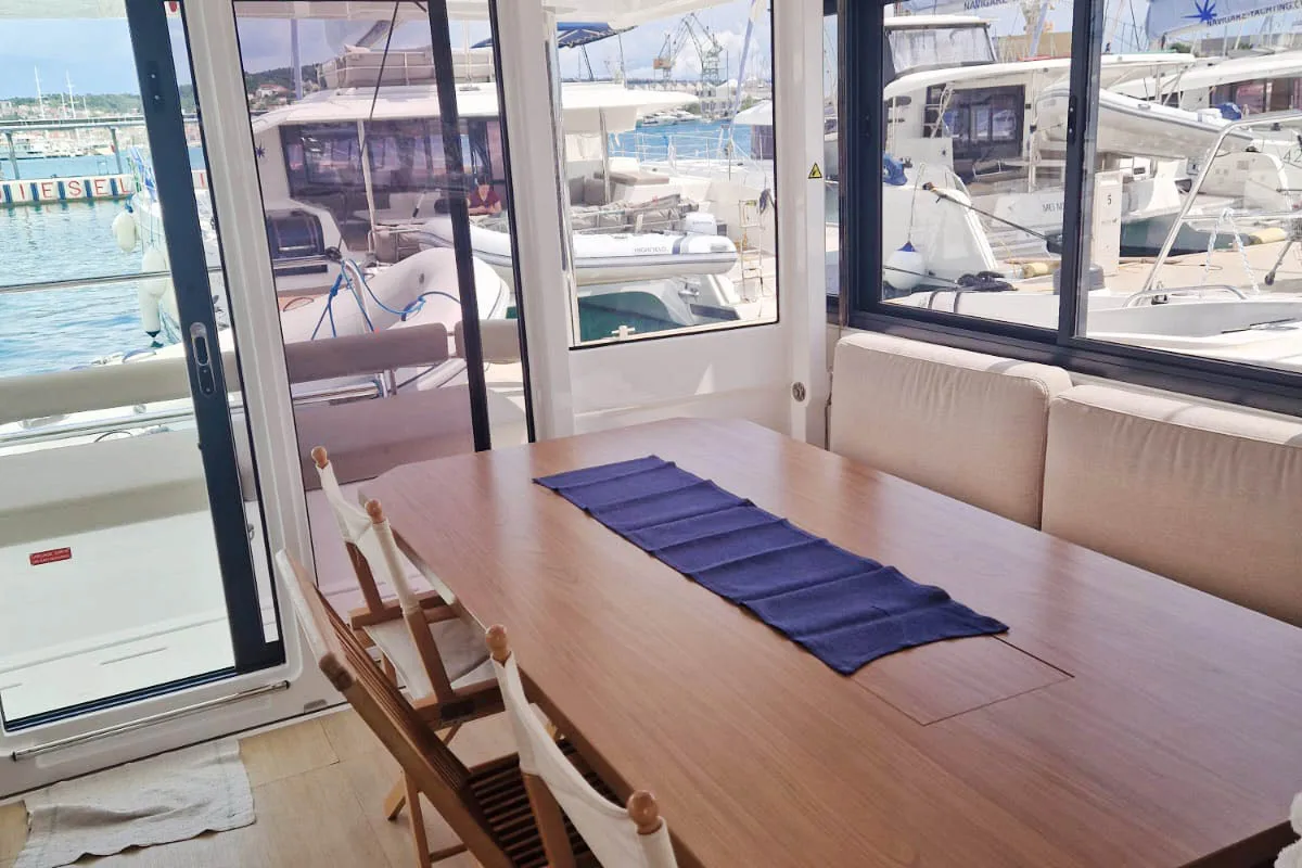 Salon of Anjita, a Bali 4.6 catamaran at Seget Donji, Croatia