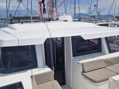 Deck of Anjita, a Bali 4.6 catamaran at Seget Donji, Croatia