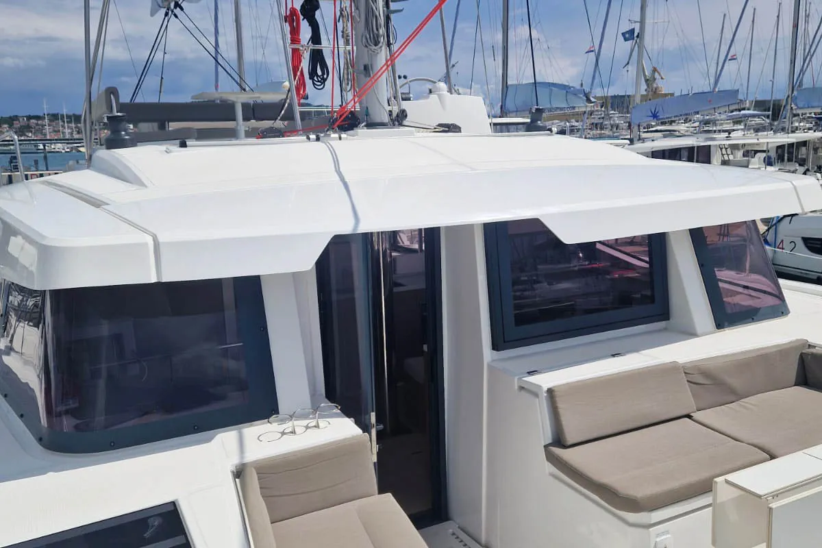 Deck of Anjita, a Bali 4.6 catamaran at Seget Donji, Croatia
