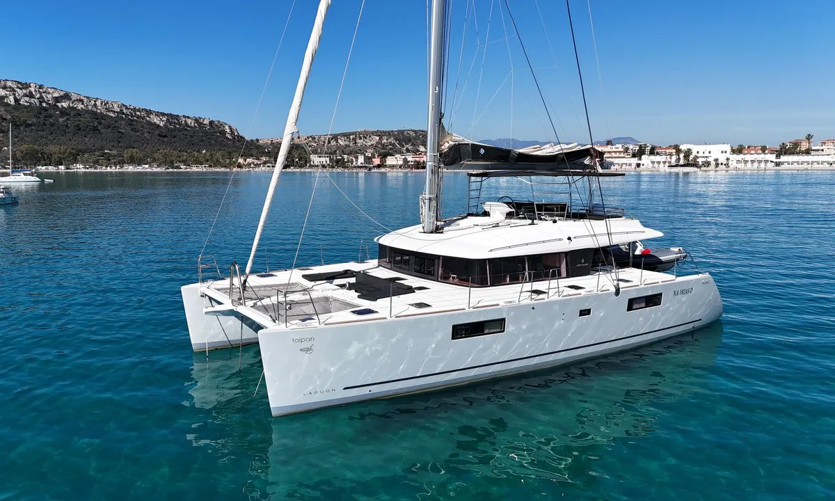 Exterior view of Taipan, a Lagoon 560 catamaran at Olbia, Italy