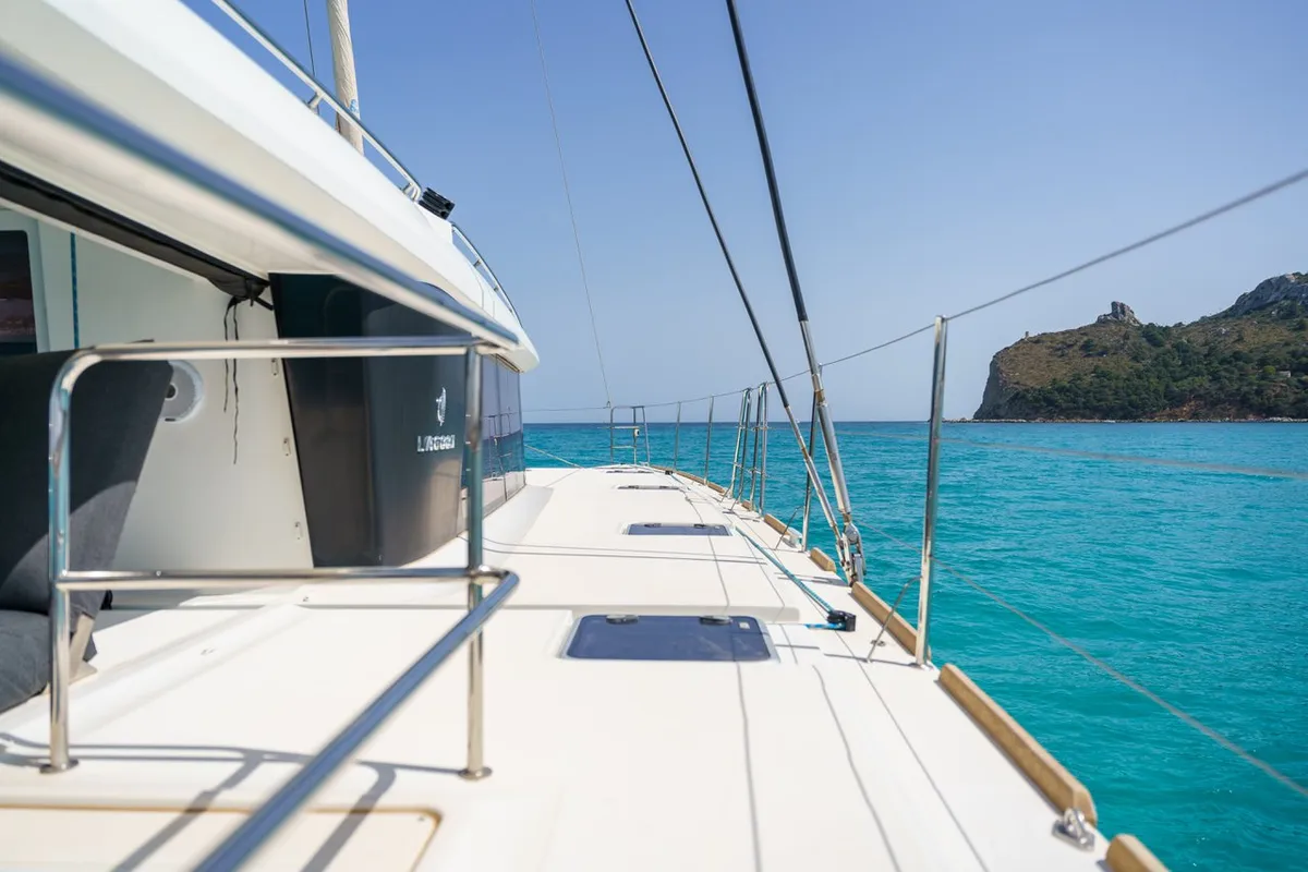 Deck of Taipan, a Lagoon 560 catamaran at Olbia, Italy