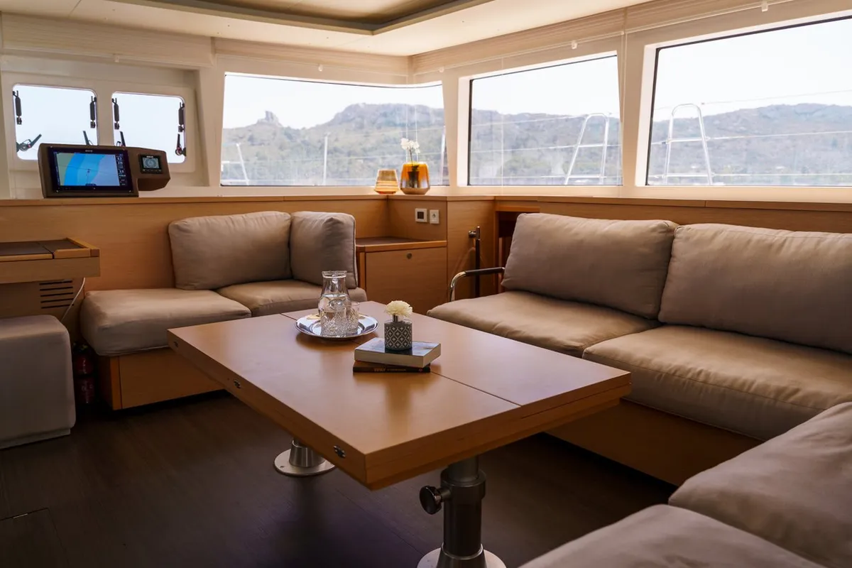 Salon of Taipan, a Lagoon 560 catamaran at Olbia, Italy