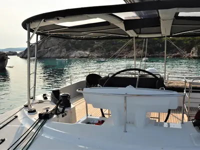 Cockpit of Taipan, a Lagoon 560 catamaran at Olbia, Italy