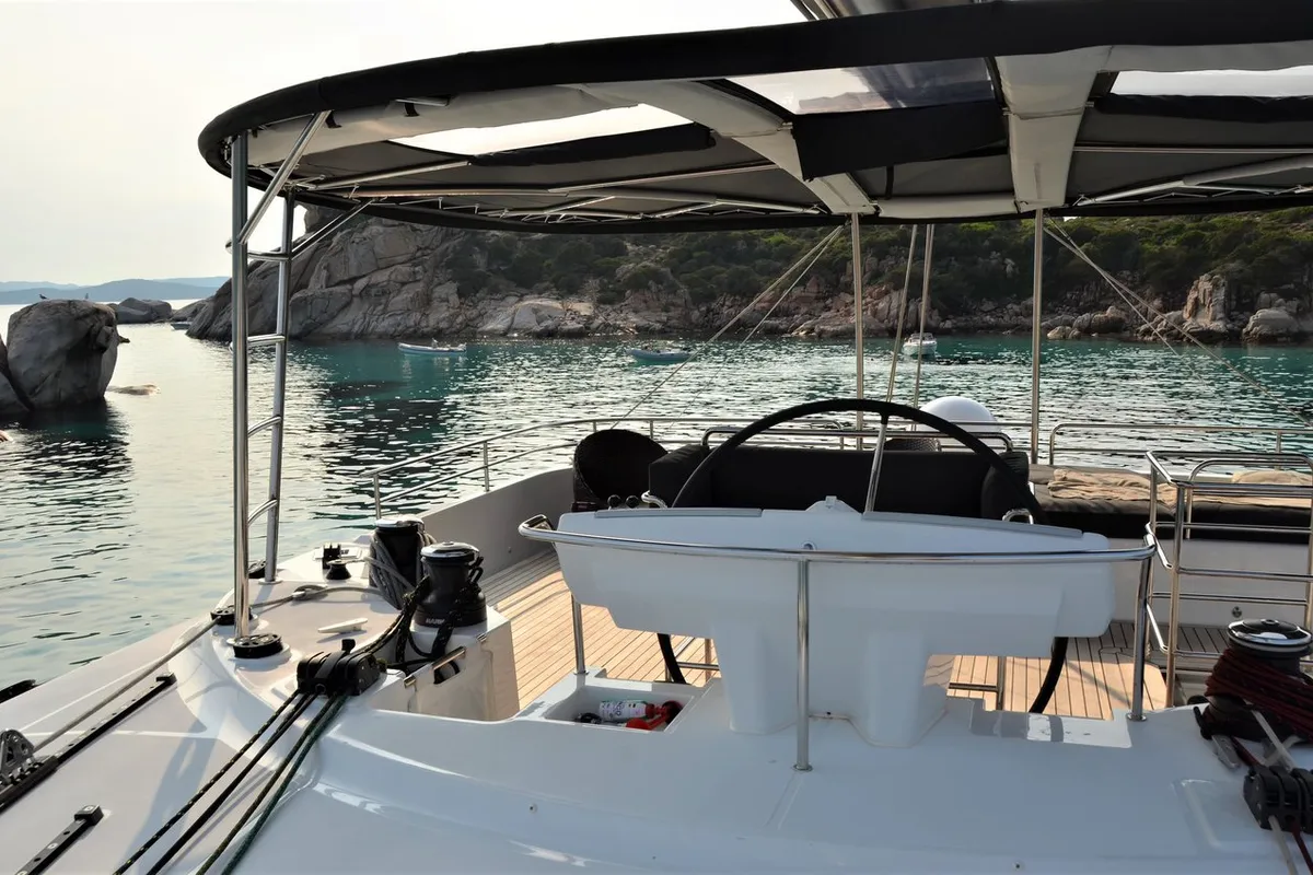 Cockpit of Taipan, a Lagoon 560 catamaran at Olbia, Italy