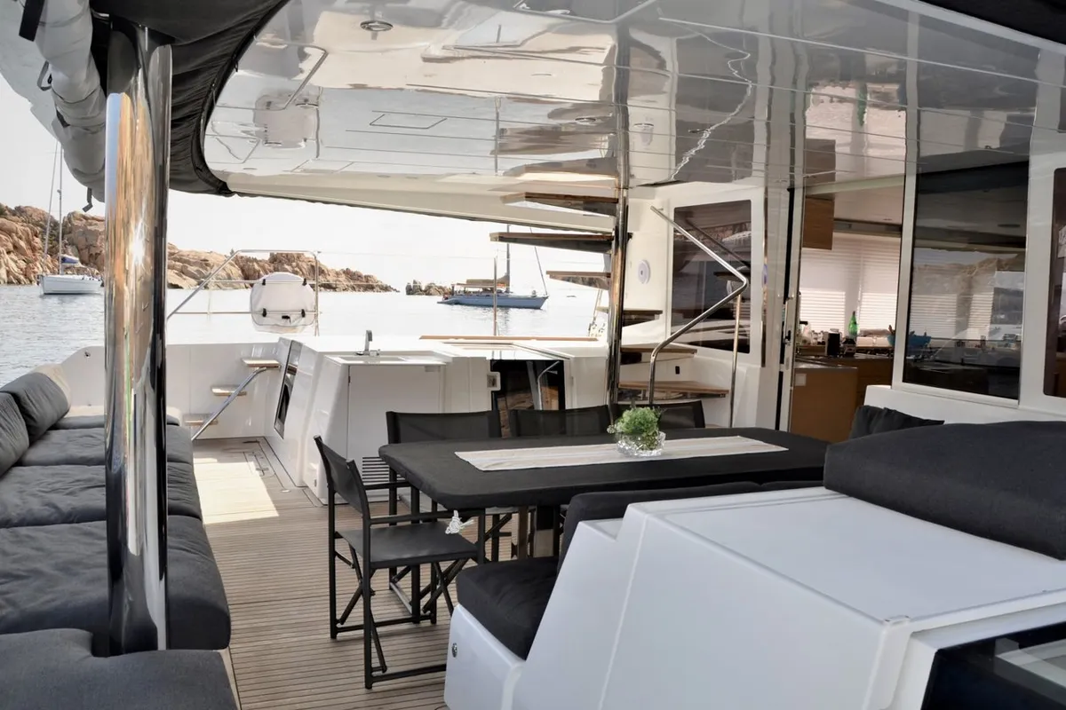 Deck of Taipan, a Lagoon 560 catamaran at Olbia, Italy