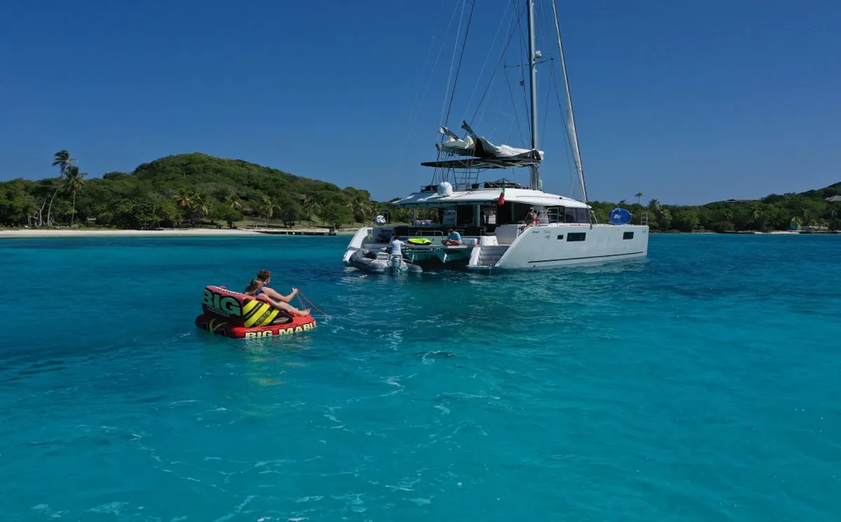 Exterior view of Taipan, a Lagoon 560 catamaran at Olbia, Italy