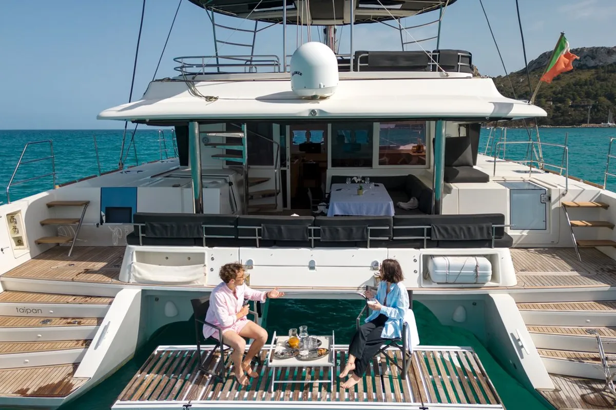 Deck of Taipan, a Lagoon 560 catamaran at Olbia, Italy