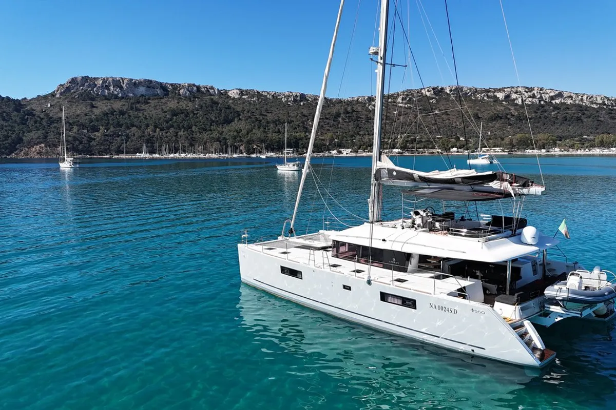 Exterior view of Taipan, a Lagoon 560 catamaran at Olbia, Italy