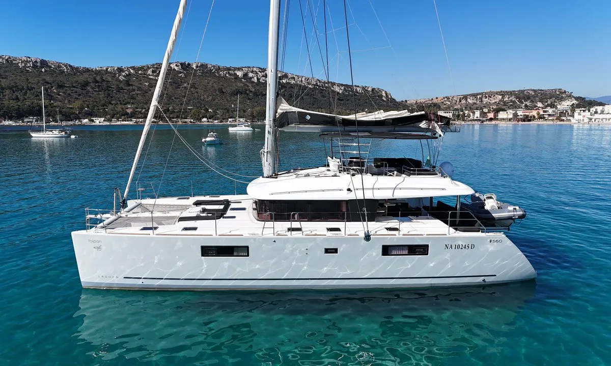 Exterior view of Taipan, a Lagoon 560 catamaran at Olbia, Italy