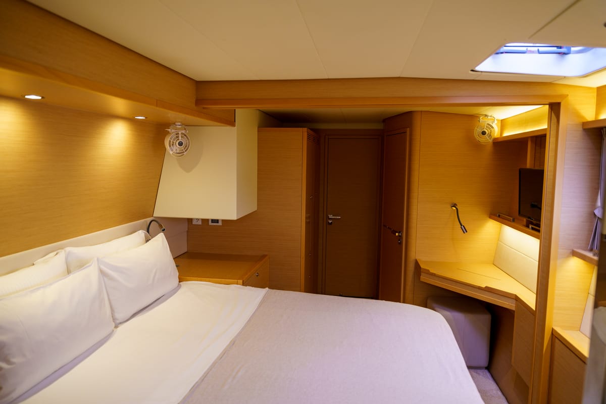 Salon of Taipan, a Lagoon 560 catamaran at Olbia, Italy