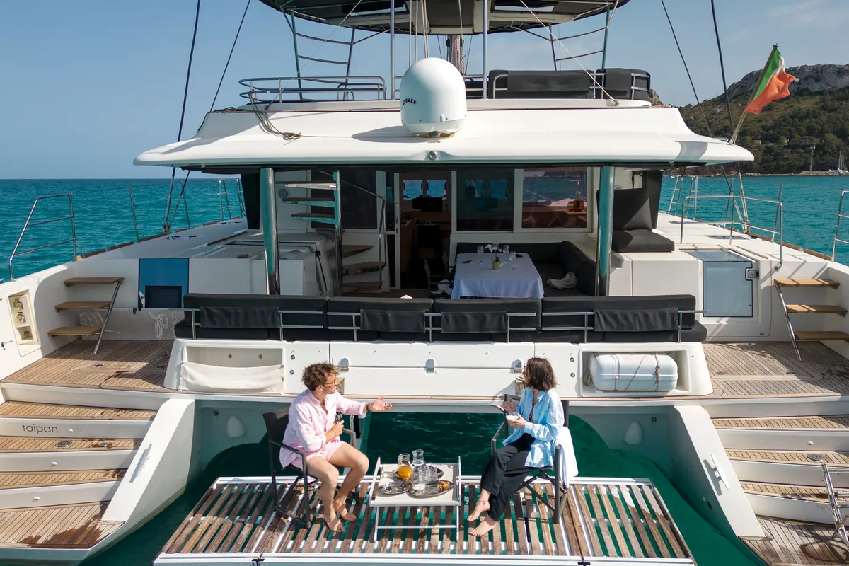Deck of Taipan, a Lagoon 560 catamaran at Olbia, Italy