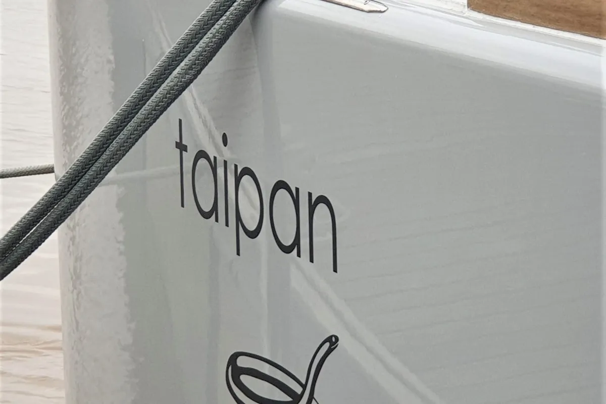 Exterior view of Taipan, a Lagoon 560 catamaran at Olbia, Italy