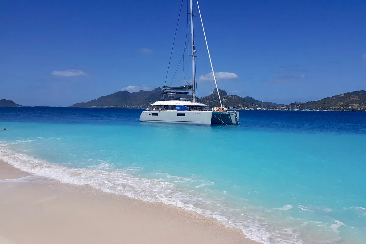 Exterior view of Taipan, a Lagoon 560 catamaran at Olbia, Italy