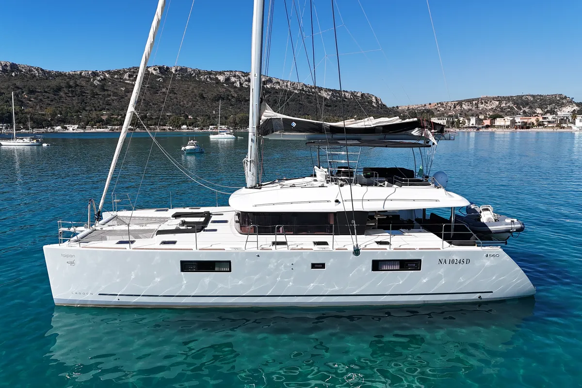 Deck of Taipan, a Lagoon 560 catamaran at Olbia, Italy