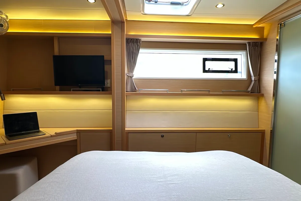 Exterior view of Taipan, a Lagoon 560 catamaran at Olbia, Italy