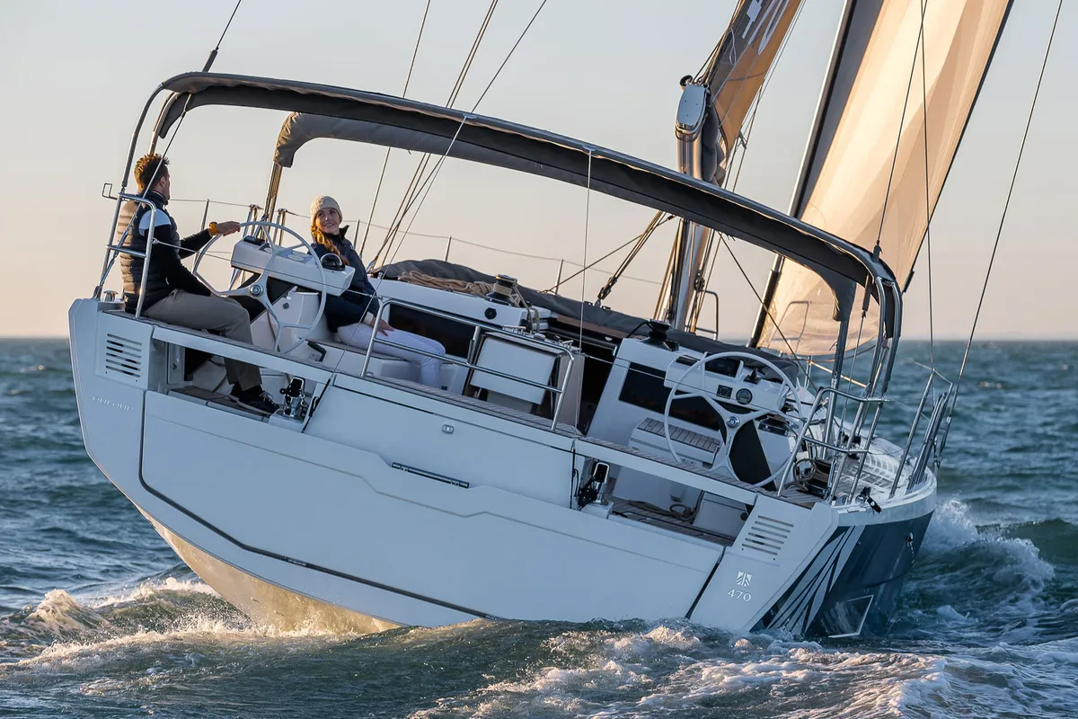 Exterior view of Luna, a Dufour 470 sailboat at Municipal Unit of Lefkada, Greece
