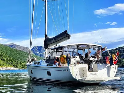 Exterior view of Arctic Njord, a Hanse 458 sailboat at Tromsø, Norway