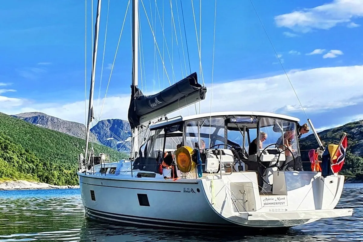 Exterior view of Arctic Njord, a Hanse 458 sailboat at Tromsø, Norway