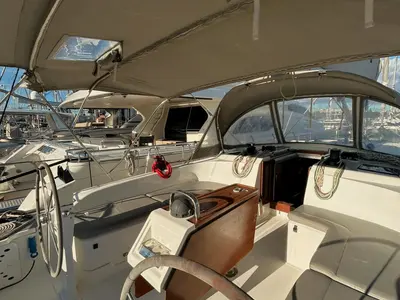 Cockpit of Leonidas V, a Bavaria Cruiser 51 sailboat at Athens, Greece