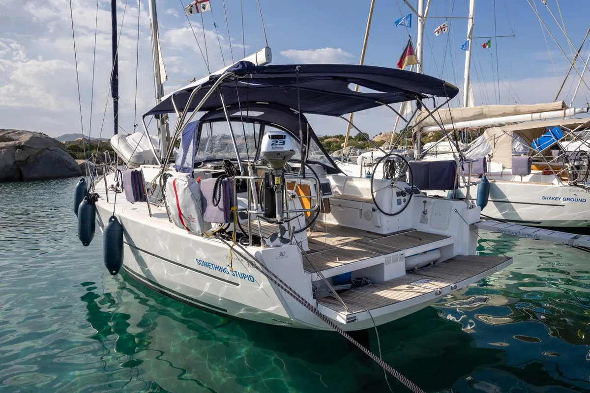Exterior view of Something Stupid, a Dufour 382 GL sailboat at Figari/Golfo Aranci, Italy