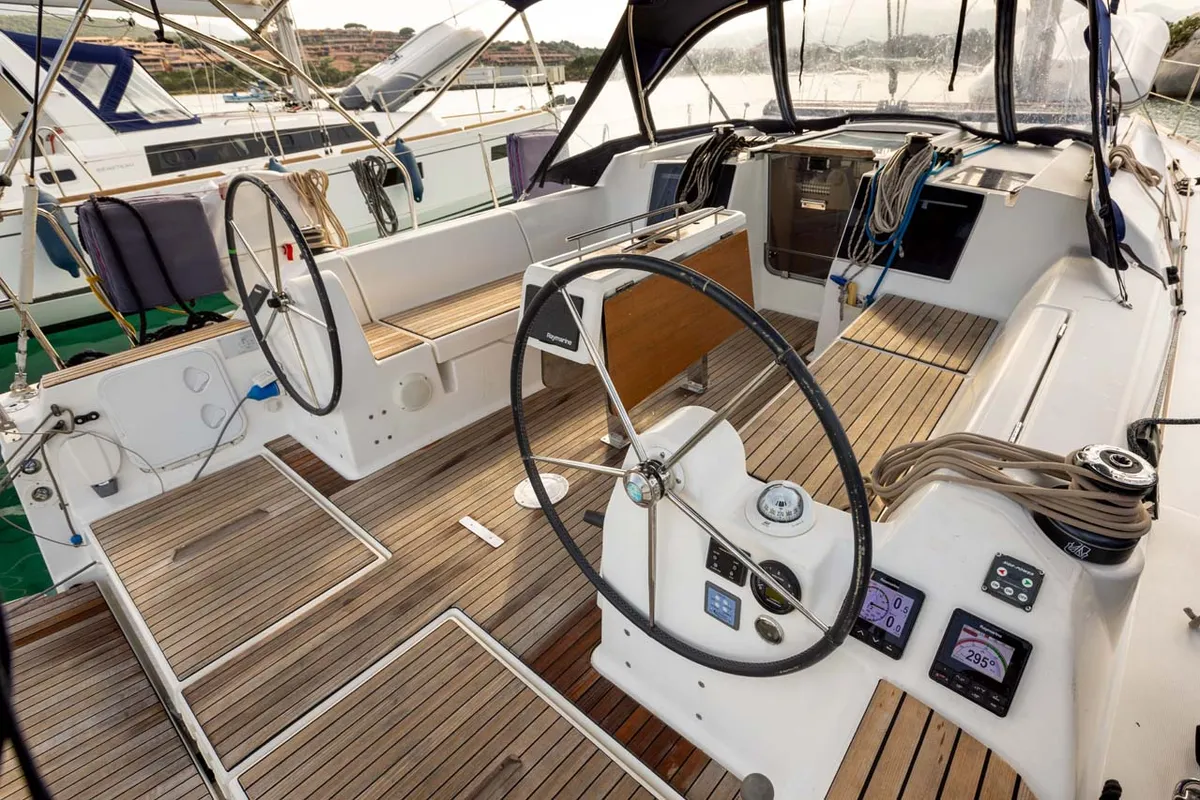 Cockpit of Something Stupid, a Dufour 382 GL sailboat at Figari/Golfo Aranci, Italy