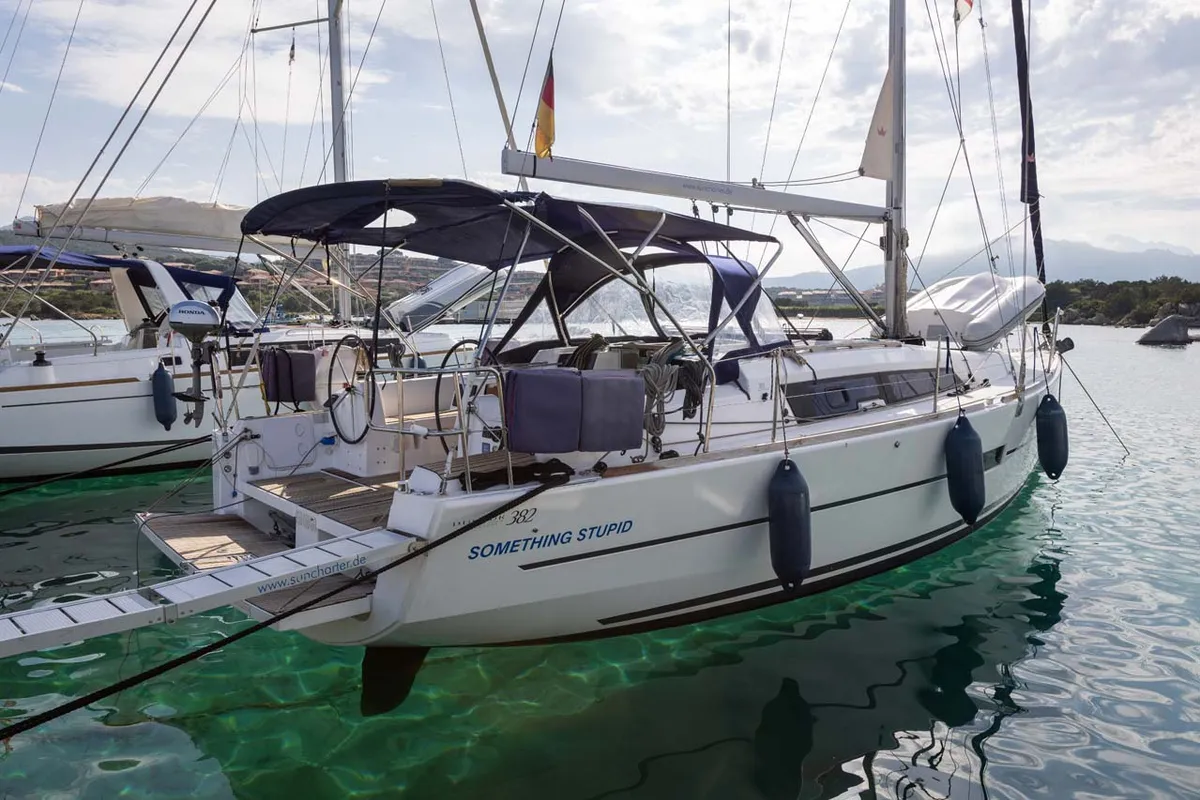 Exterior view of Something Stupid, a Dufour 382 GL sailboat at Figari/Golfo Aranci, Italy