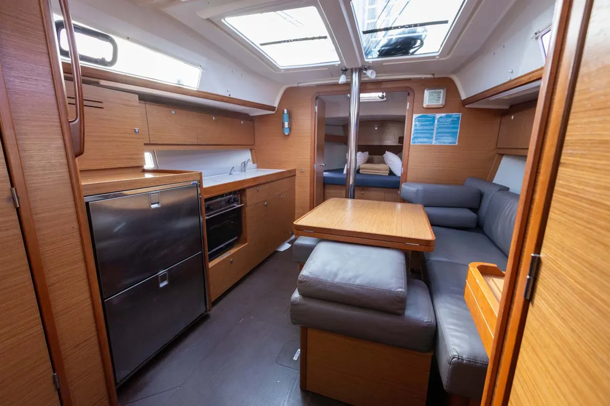 Galley of Something Stupid, a Dufour 382 GL sailboat at Figari/Golfo Aranci, Italy